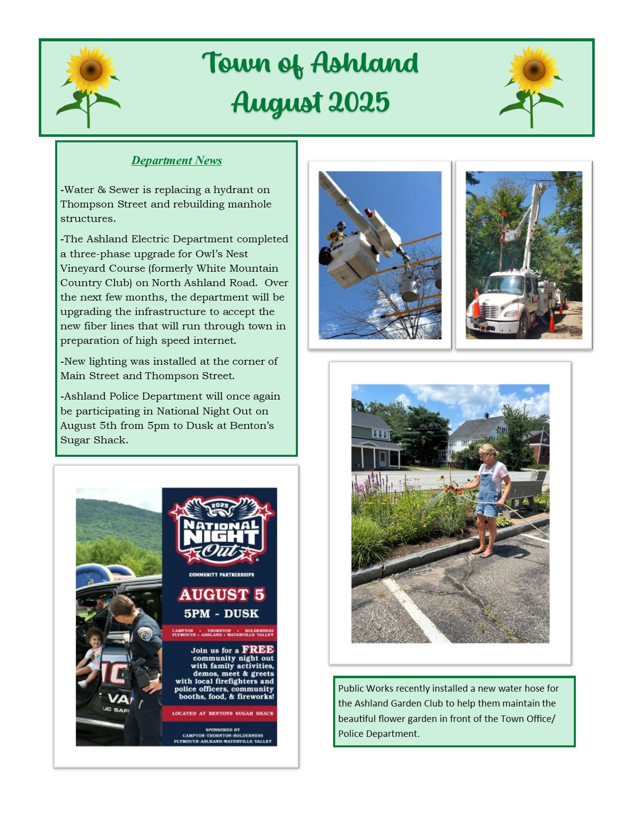 August 2025 Newsletter, Water & Sewer hydrant replacement, Electric Department 3-phase upgrade for Owls Nest on North Ashland Road, Pictures of Electrical work, and of the garden outside the town hall.